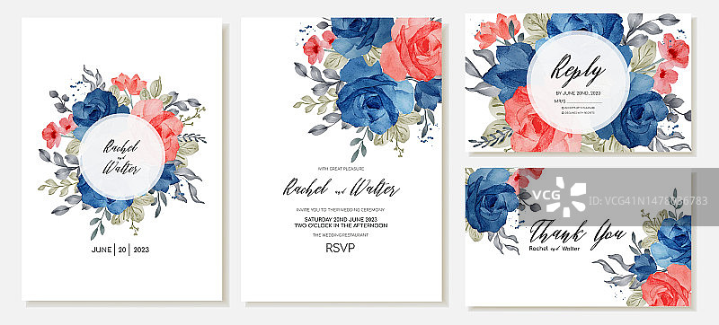 婚礼请柬，感谢卡和带有水彩花，蓝色和红色玫瑰，叶子的回复。向量图片素材