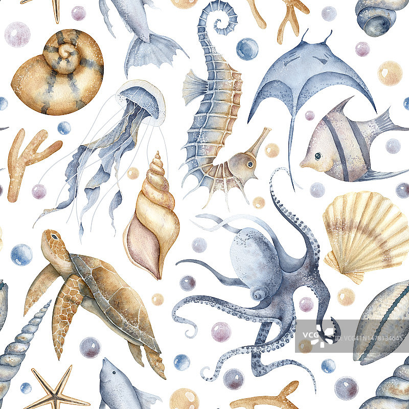 海底无缝模式与水下动物和鱼类孤立的背景。手工绘制的纺织品设计插图或航海风格的包装纸。海龟和海马的壁纸图片素材