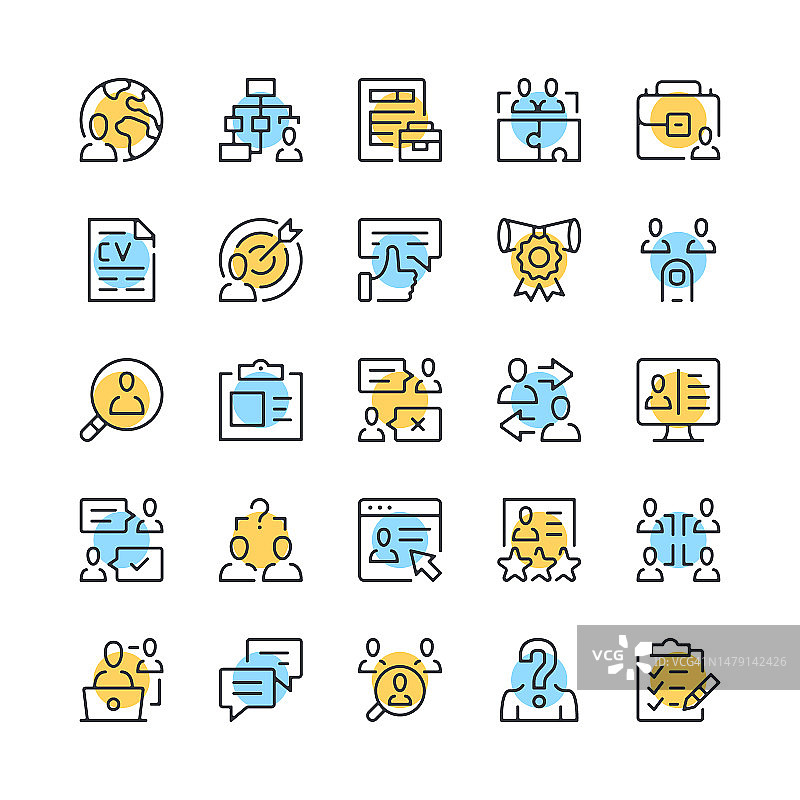 人力资源线图标。就业图标集。黑色、蓝色和黄色。现代线性轮廓图形设计。矢量线图标集图片素材