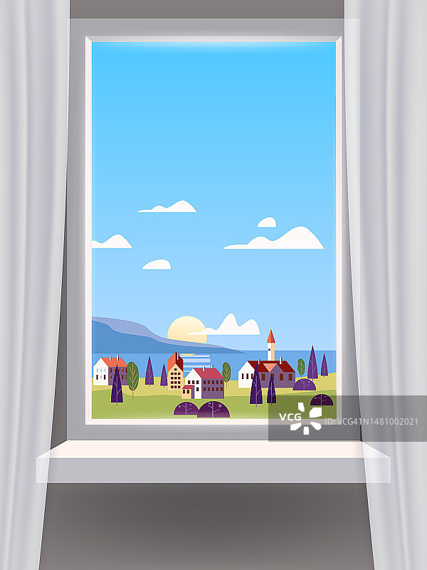 窗口视图内部，最小的景观，海，海洋，沿海城镇，，山脉图片素材
