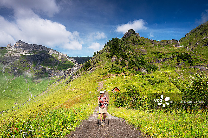 瑞士旅游-女子徒步穿越瑞士阿尔卑斯山在少女峰地区的山景小径图片素材