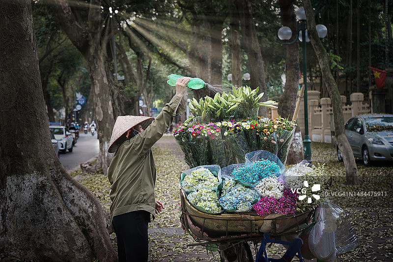 老街卖花的老女人。图片素材