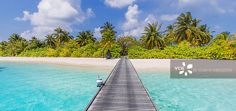 最好的夏季旅游全景。马尔代夫群岛，热带天堂海岸，棕榈树，沙滩与木制码头。异国度假胜地风景优美，海滩背景。惊人的阳光明媚的天空大海，太棒了图片素材