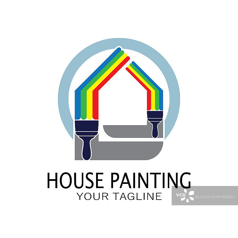 标志图标插图房屋油漆与刷子和滚筒的混合房屋墙壁油漆设计，极简主义的房子，绘画，室内，建筑，物业业务，壁纸，矢量概念图片素材