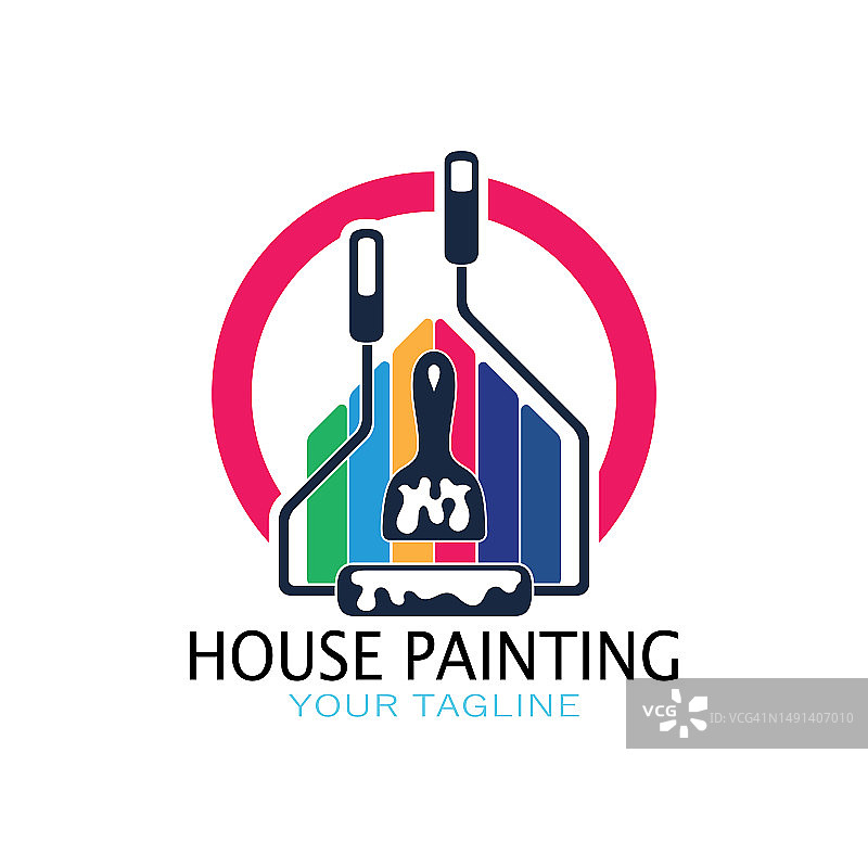 标志图标插图房屋油漆与刷子和滚筒的混合房屋墙壁油漆设计，极简主义的房子，绘画，室内，建筑，物业业务，壁纸，矢量概念图片素材