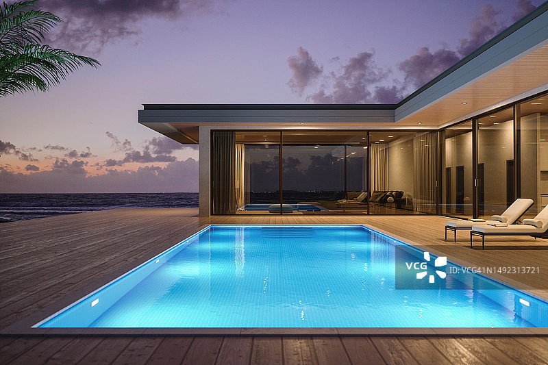 现代豪华别墅与私人游泳池在晚上图片素材