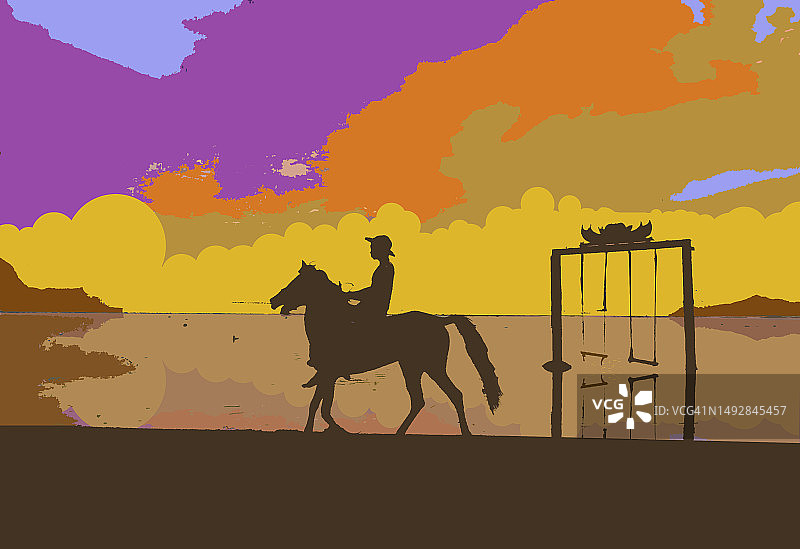 一个游客下午在海滩边骑马的插图图片素材