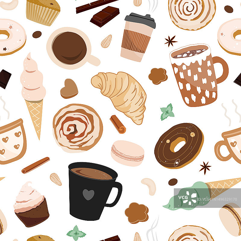 无缝图案咖啡和甜点在白色的背景。甜甜圈、马卡龙、肉桂卷和牛角面包。设计食物菜单，咖啡厅概念，餐厅元素。图片素材
