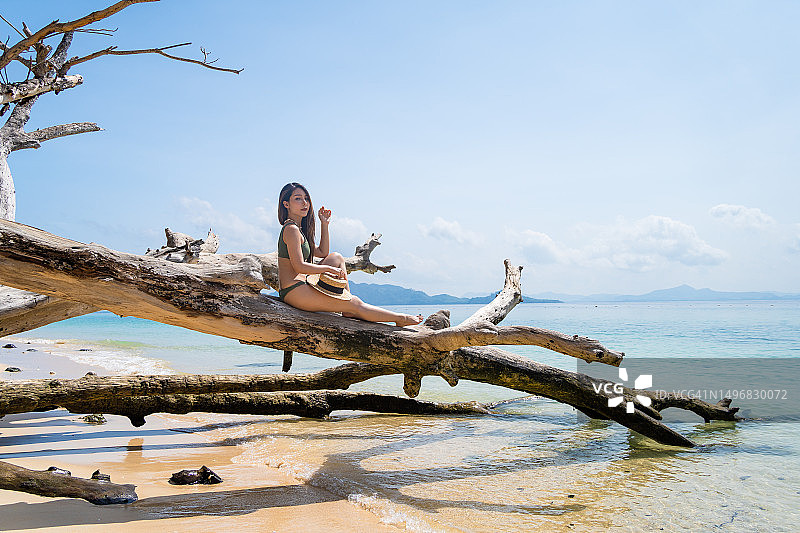 一个穿着比基尼的女人坐在Kradan岛海滩上的枯枝上的肖像图片素材