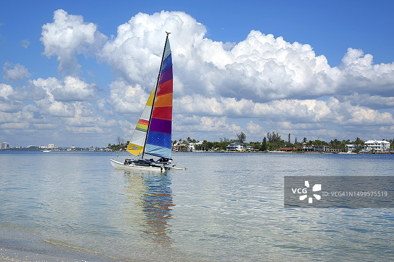 热带海景上五颜六色的双体帆船图片素材