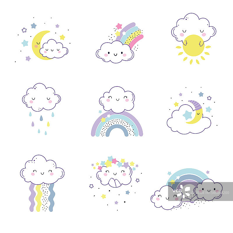 可爱的软云与笑脸和彩虹作为天气字符矢量集图片素材