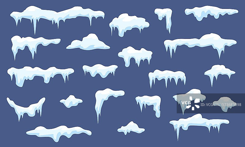 卡通雪帽套件。平冬帽与冰柱，雪圣诞冰元素。季节性屋顶设计，霜冻和冰柱，舒适的媒介收集图片素材