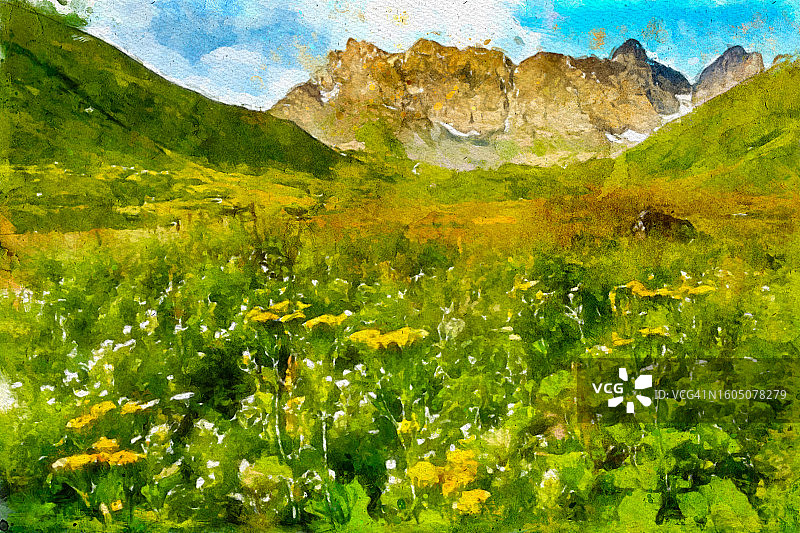 格鲁吉亚罗什卡附近高加索山脉的抽象水彩画图片素材