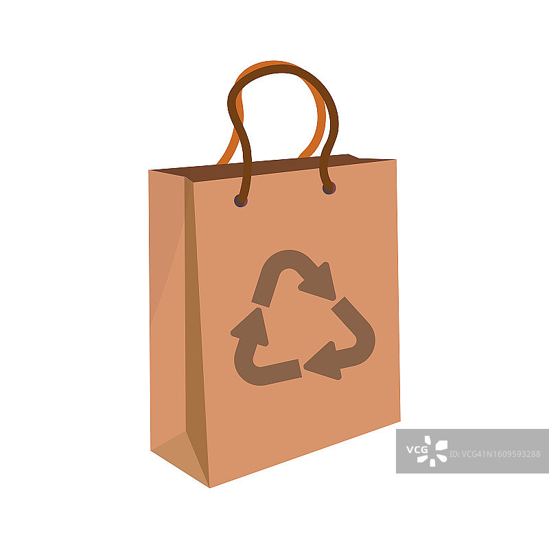 独立的棕色硬纸板购物回收纸袋，深棕色绳手柄和三角形生态回收标志，用于零售，网上销售，限时销售，促销，折扣，模拟准备图片素材
