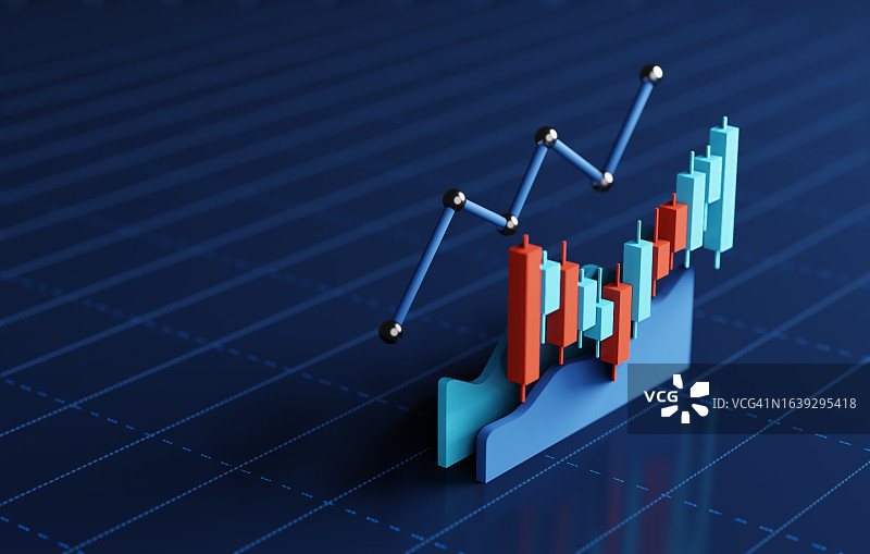 金融市场分析外汇交易烛台图在蓝色背景，3D渲染。图片素材