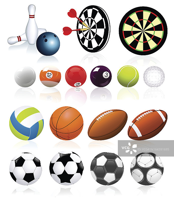 许多不同的运动球的卡通插图图片素材