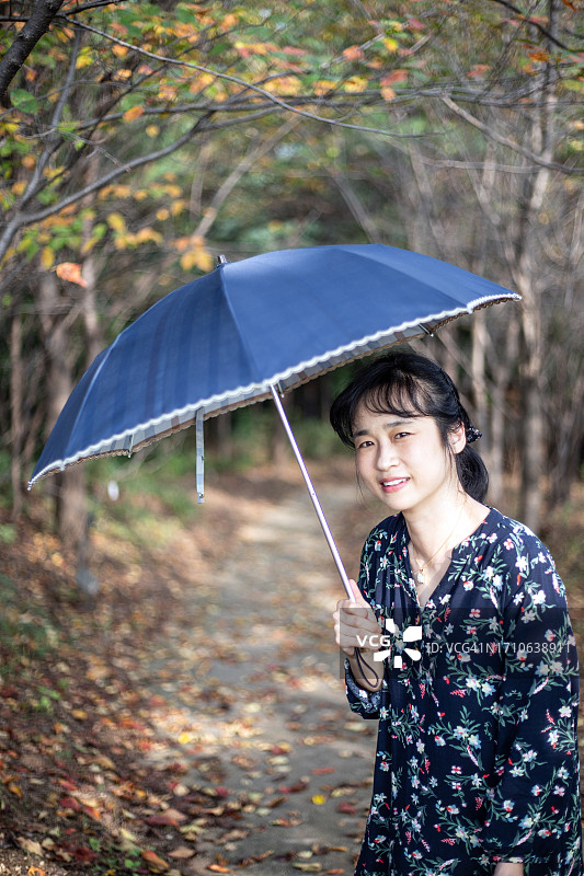 亚洲妇女在秋天的枫树前撑着阳伞图片素材