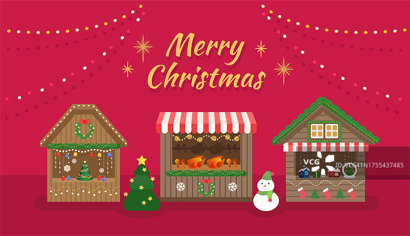 圣诞快乐，红色背景的糖果店圣诞市场贺卡。图片素材
