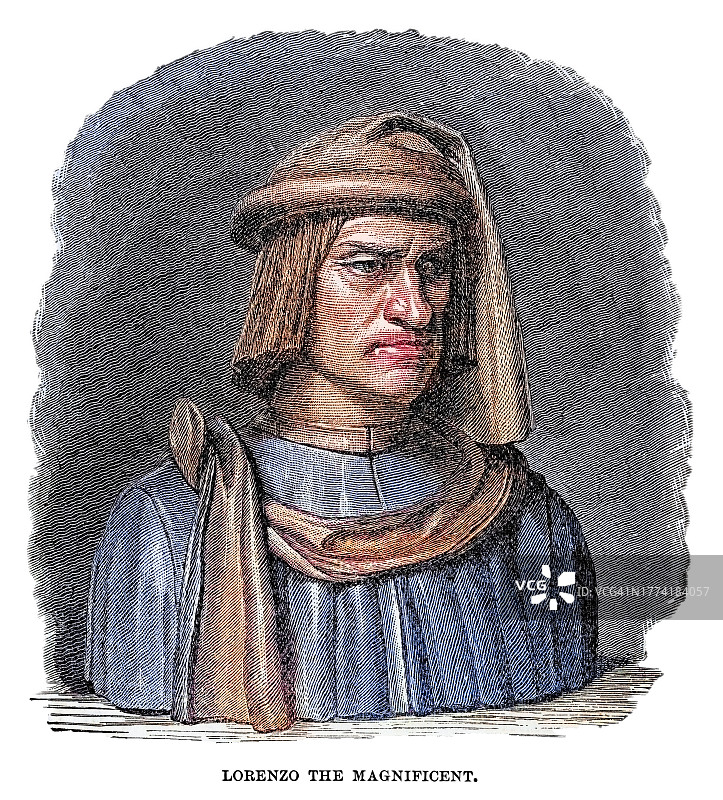 洛伦佐·迪·皮耶罗·德·美第奇或洛伦佐·美第奇(1449-1492)的肖像，意大利政治家、银行家、佛罗伦萨共和国事实上的统治者，意大利文艺复兴时期文化最强大、最热情的赞助人图片素材