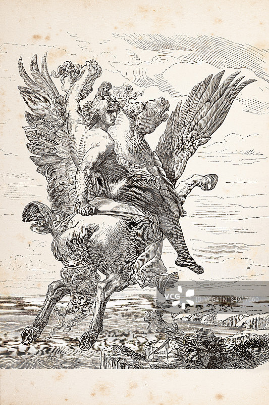 1879年英雄珀尔修斯骑着帕伽索斯的雕刻图片素材