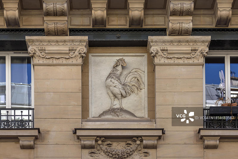 高卢公鸡的浮雕，被认为是法国作为一个国家的象征，这是在一座住宅建筑，巴黎，法国图片素材