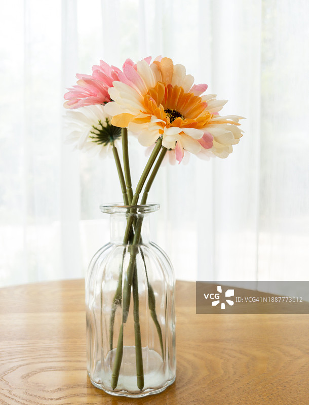 桌子上花瓶里的花的特写图片素材