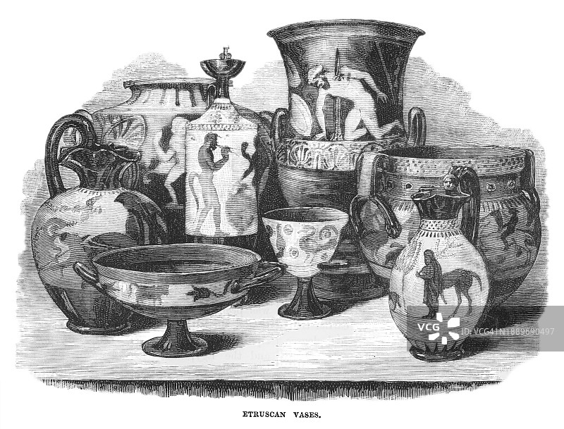 古伊特鲁里亚花瓶的古老雕刻插图图片素材