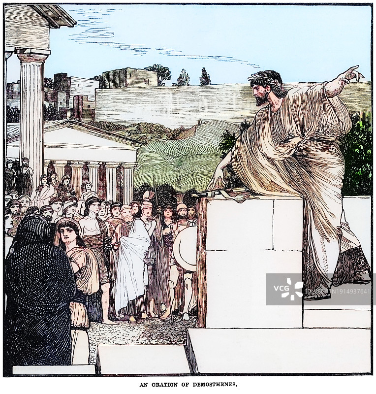 德摩斯梯尼(古雅典的希腊政治家和演说家)练习演说术的古雕刻插图图片素材