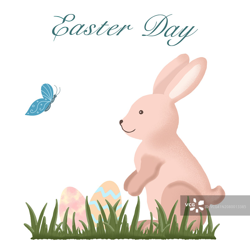 节日复活节背景与彩色复活节兔子和鸡蛋在草地上。刻字，数字插图，手绘。图片素材