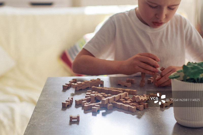 男孩在玩一个木制的构造器图片素材