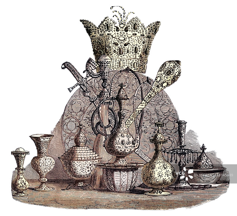 古代波斯皇冠珠宝的雕刻插图图片素材