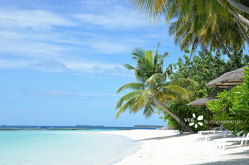 热带白色沙滩上的日光浴床图片素材