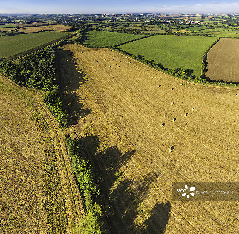 金色收获的田野绿色的夏季牧场鸟瞰图的农田图片素材