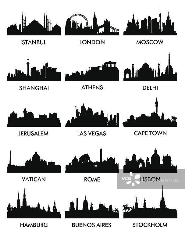 不同城市的剪影和名字图片素材