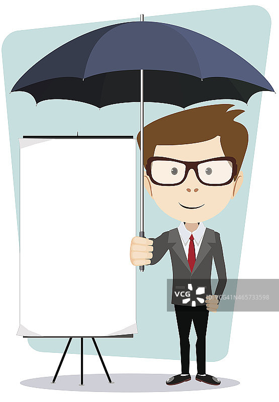 年轻的商人，带着一张海报和一把雨伞，矢量插图图片素材
