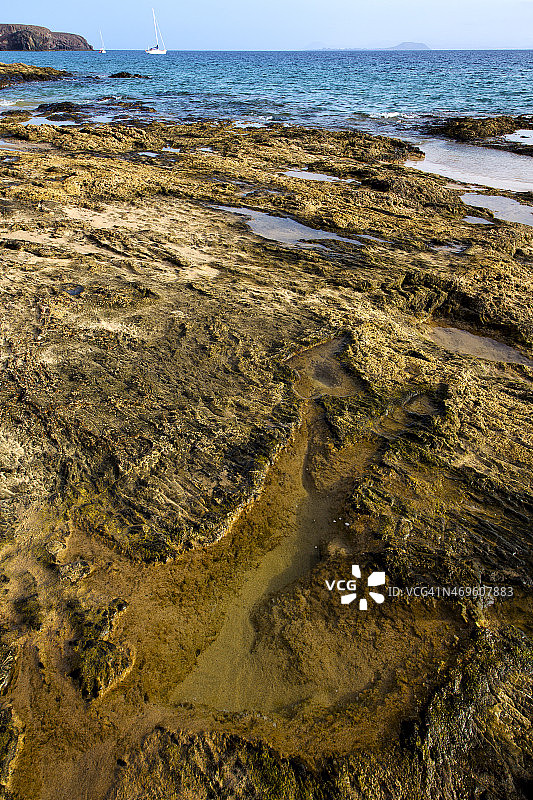 在兰萨罗特麝香塘水上游艇的海岸线和夏季图片素材