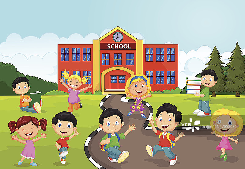 快乐的卡通小朋友在学校前面图片素材