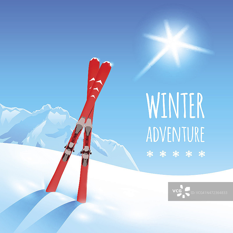 一对红色的滑雪板在明亮的阳光下嵌进了白雪图片素材