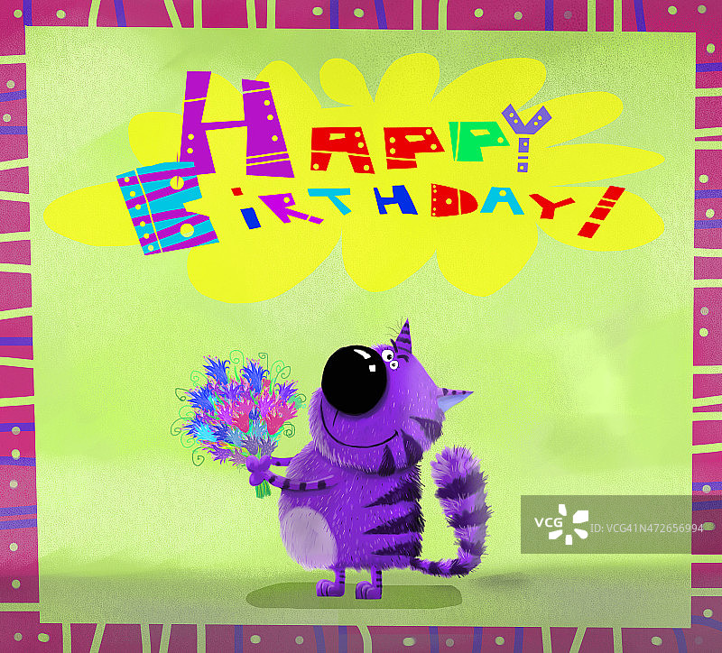 生日快乐卡片紫罗兰猫抱着一束花图片素材