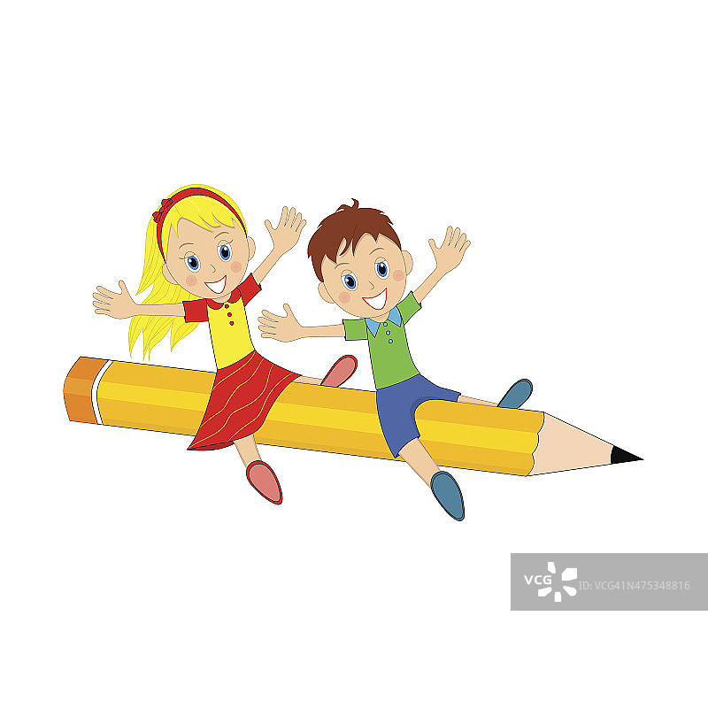 男孩和女孩在铅笔上飞翔图片素材