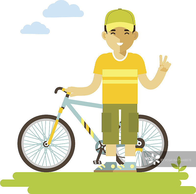 年轻的自行车骑手和自行车在平坦的风格图片素材