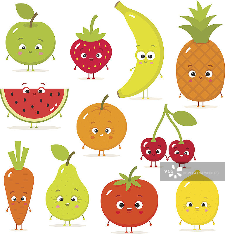卡通水果和蔬菜与眼睛在平的风格图片素材