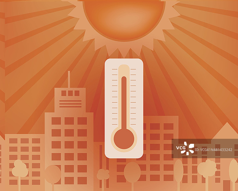 热的天在城市与温度计。夏天向量的概念。图片素材