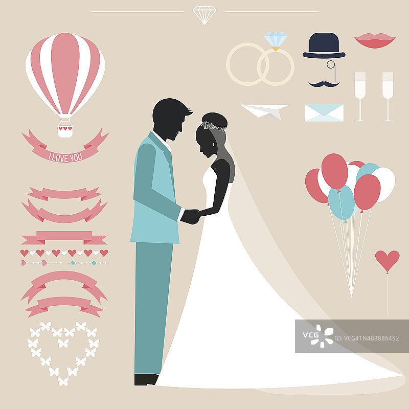 婚礼系列与新娘，新郎剪影和浪漫的装饰元素图片素材