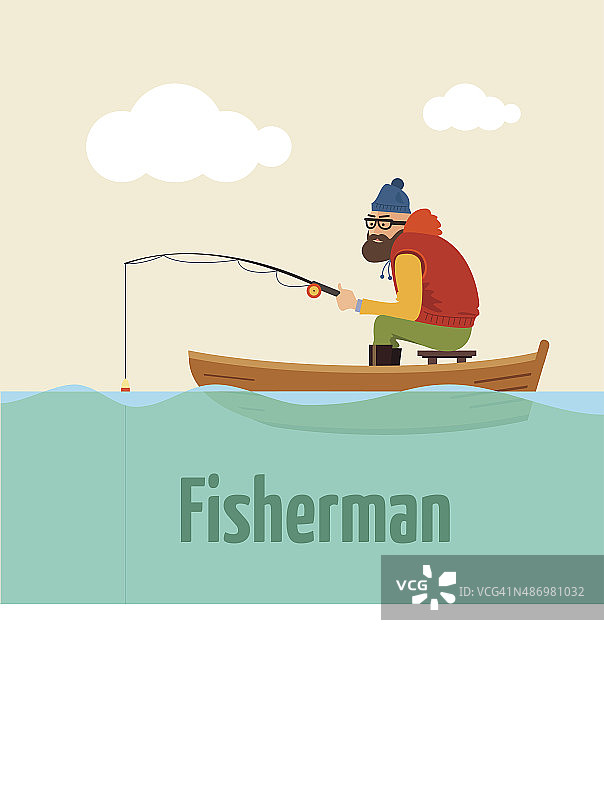 在船上钓鱼。矢量插图的渔民。图片素材