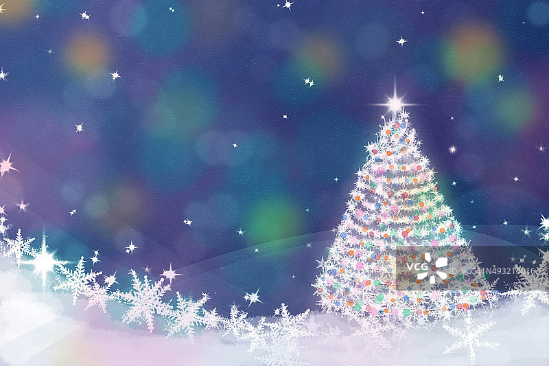 魔法圣诞树背景插图与五颜六色的散景图片素材