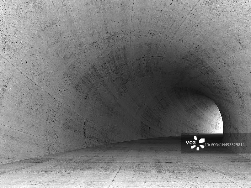 三维混凝土隧道内部灰色圆墙图片素材