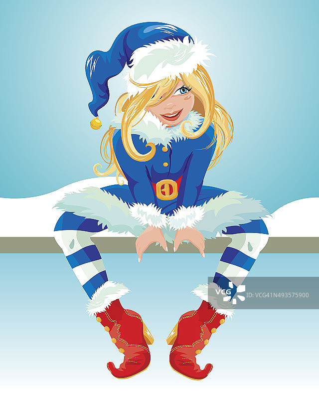 金发女孩穿着蓝色的圣诞老人服装。圣诞贺卡。图片素材