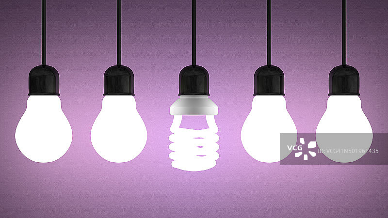 发光的螺旋灯泡悬挂在钨丝灯泡的紫罗兰图片素材