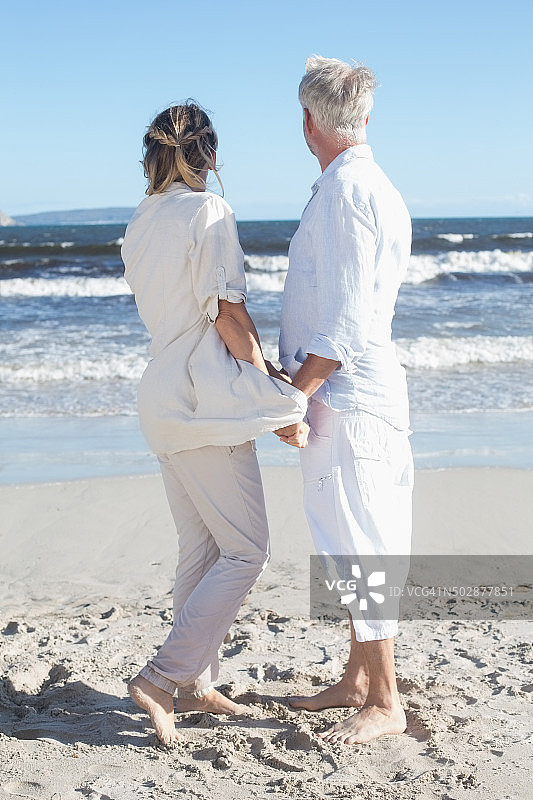 一对夫妇在海滩上手牵手望向大海图片素材